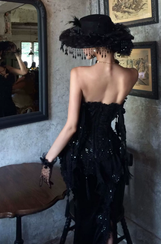 Gothic Style Off-Shoulder Black Slit Prom Dress Sequins Tassel Mermaid Evening Dress C8748