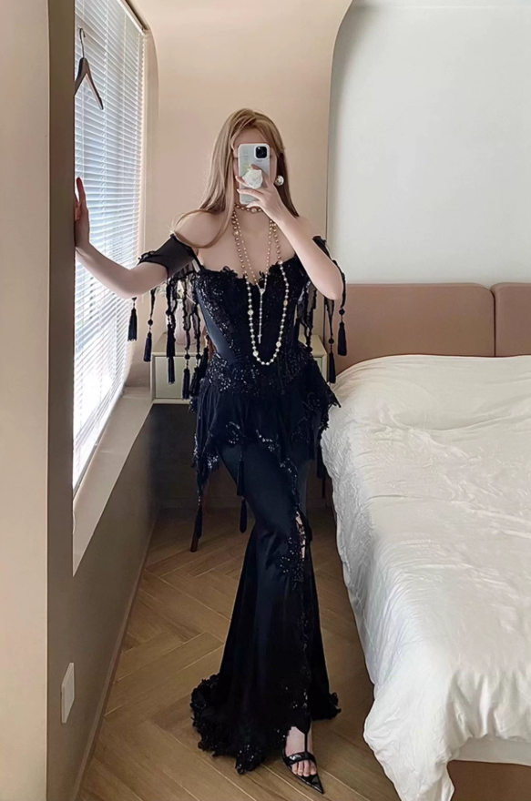 Gothic Style Off-Shoulder Black Slit Prom Dress Sequins Tassel Mermaid Evening Dress C8748