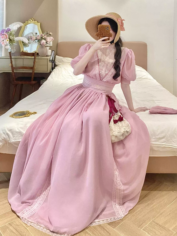 Lovely Short Sleeve Chiffon Prom Dress Ruffles Lace A-Line Evening Dress C8750