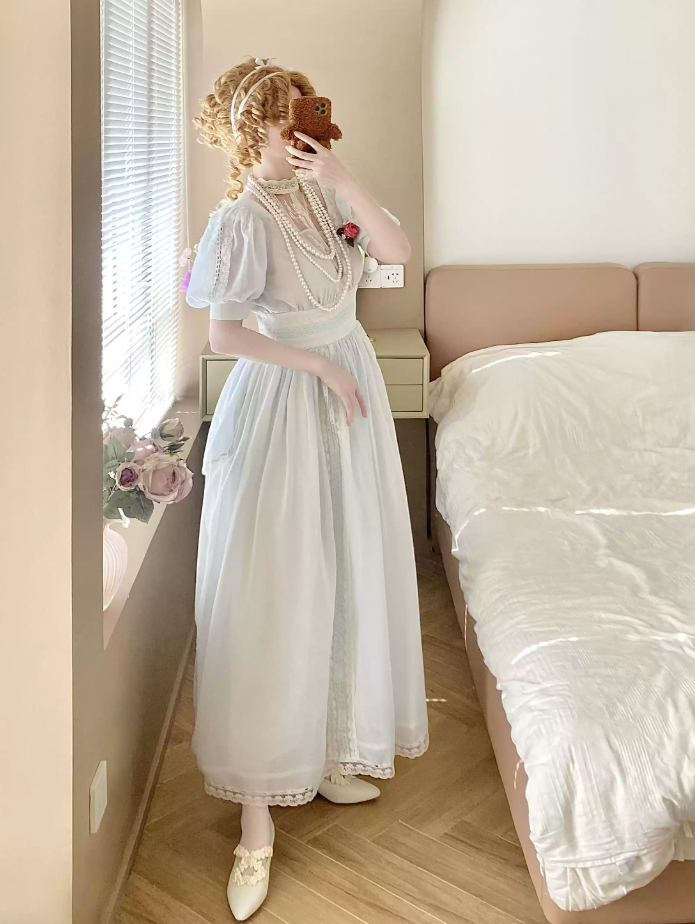 Lovely Short Sleeve Chiffon Prom Dress Ruffles Lace A-Line Evening Dress C8750