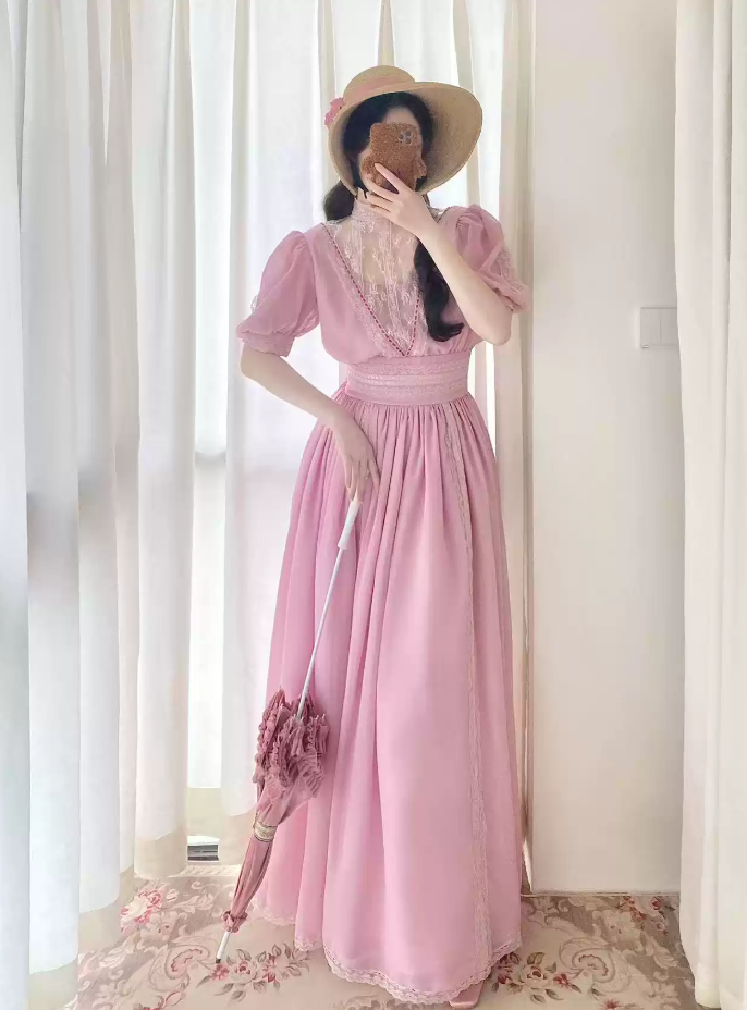 Lovely Short Sleeve Chiffon Prom Dress Ruffles Lace A-Line Evening Dress C8750