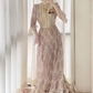 Unique Short Sleeve High Collar Prom Dress Floral Lace A-Line Evening Dress C8751