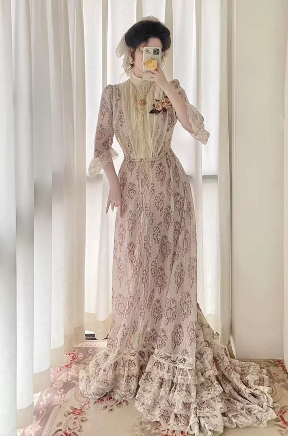 Unique Short Sleeve High Collar Prom Dress Floral Lace A-Line Evening Dress C8751