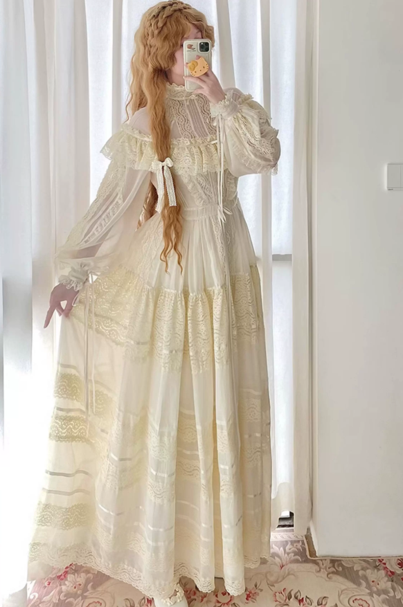 Ornate High Collar Lace Wedding Dresses Ivory Long Sleeve A-Line Bridal Dress C8753