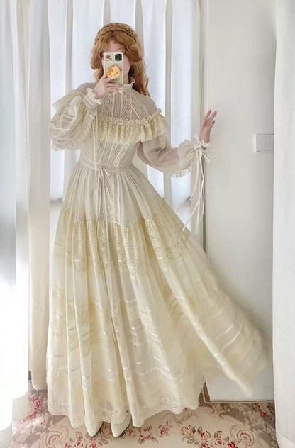 Ornate High Collar Lace Wedding Dresses Ivory Long Sleeve A-Line Bridal Dress C8753