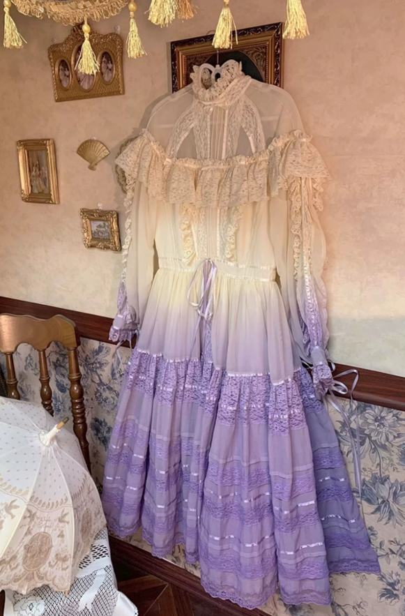 Elegant Long Sleeve High Collar Prom Dress Purple Lace A-Line Evening Dress C8754