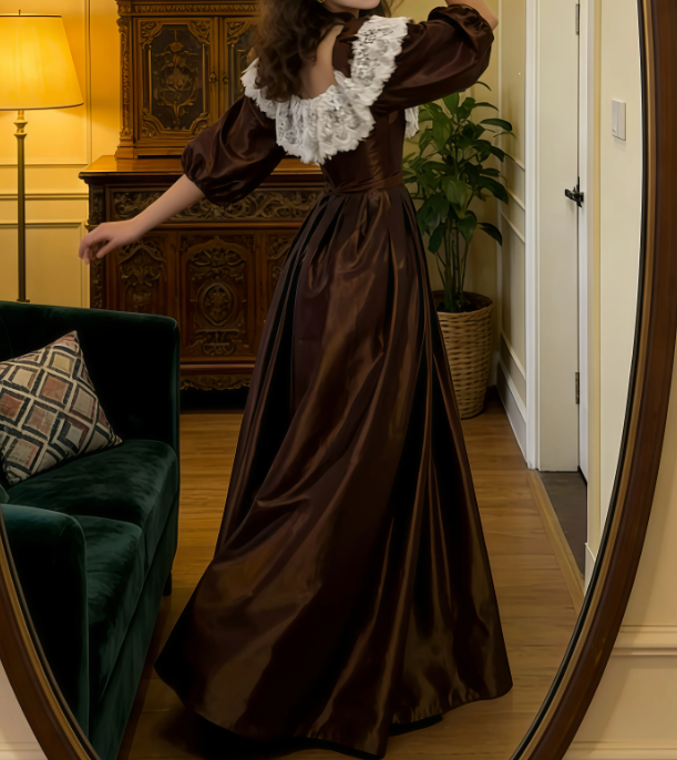 Classical Long Sleeve Brown Prom Dress Lace Satin A-Line Evening Dress C8756