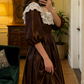 Classical Long Sleeve Brown Prom Dress Lace Satin A-Line Evening Dress C8756