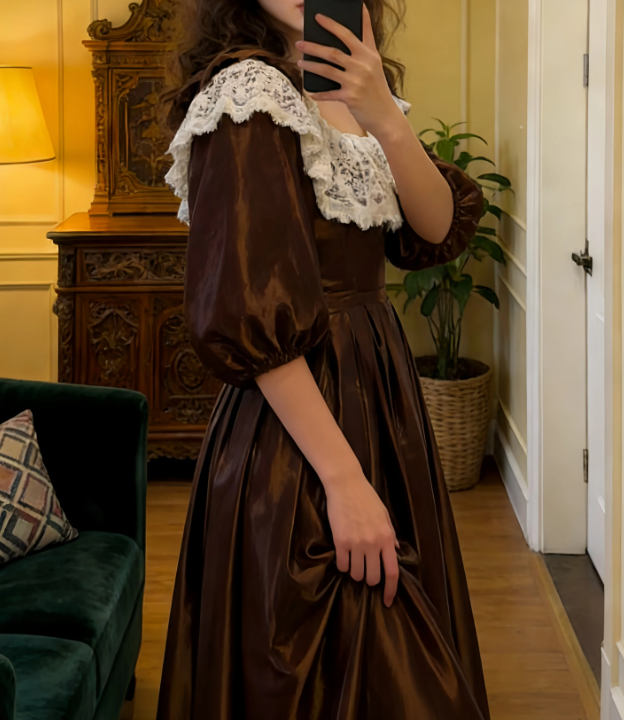 Classical Long Sleeve Brown Prom Dress Lace Satin A-Line Evening Dress C8756