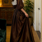 Classical Long Sleeve Brown Prom Dress Lace Satin A-Line Evening Dress C8756