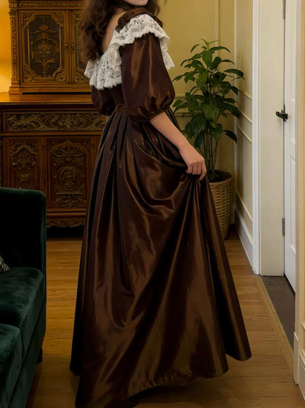 Classical Long Sleeve Brown Prom Dress Lace Satin A-Line Evening Dress C8756