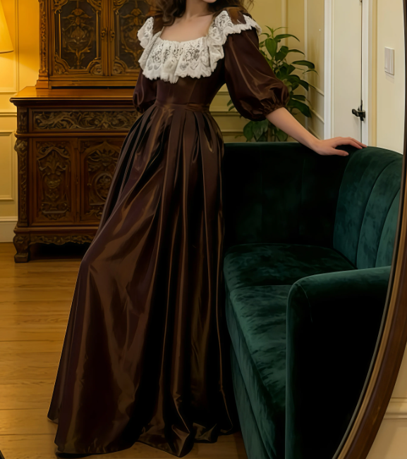 Classical Long Sleeve Brown Prom Dress Lace Satin A-Line Evening Dress C8756