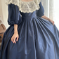 Vintage Long Sleeve Blue Prom Dress Lace Satin A-Line Evening Dress C8757