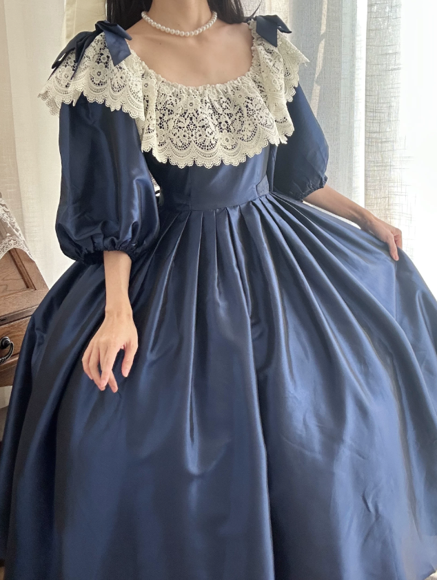 Vintage Long Sleeve Blue Prom Dress Lace Satin A-Line Evening Dress C8757