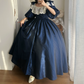Vintage Long Sleeve Blue Prom Dress Lace Satin A-Line Evening Dress C8757