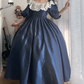 Vintage Long Sleeve Blue Prom Dress Lace Satin A-Line Evening Dress C8757