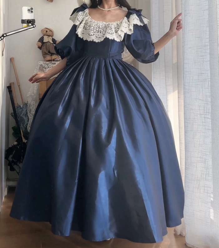 Vintage Long Sleeve Blue Prom Dress Lace Satin A-Line Evening Dress C8757