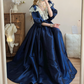 Vintage Long Sleeve Blue Prom Dress Lace Satin A-Line Evening Dress C8757