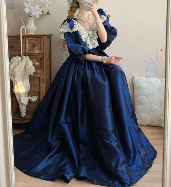 Vintage Long Sleeve Blue Prom Dress Lace Satin A-Line Evening Dress C8757