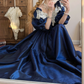 Vintage Long Sleeve Blue Prom Dress Lace Satin A-Line Evening Dress C8757