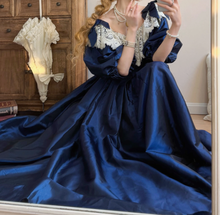 Vintage Long Sleeve Blue Prom Dress Lace Satin A-Line Evening Dress C8757