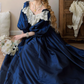 Vintage Long Sleeve Blue Prom Dress Lace Satin A-Line Evening Dress C8757