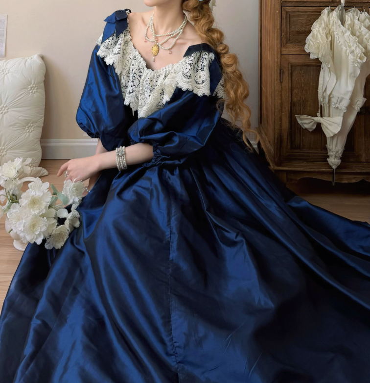 Vintage Long Sleeve Blue Prom Dress Lace Satin A-Line Evening Dress C8757