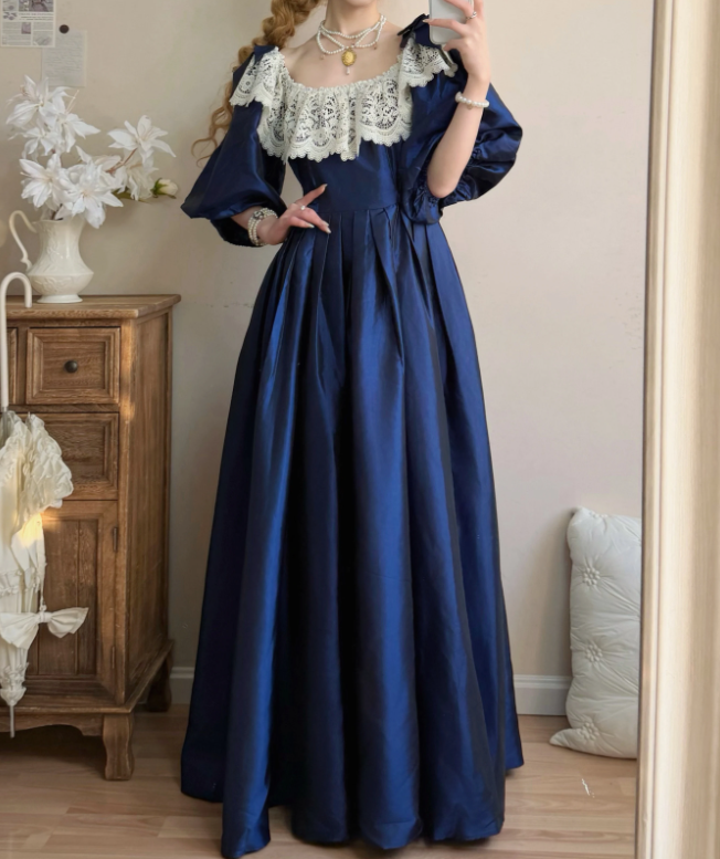 Vintage Long Sleeve Blue Prom Dress Lace Satin A-Line Evening Dress C8757