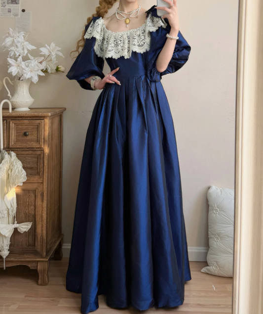 Vintage Long Sleeve Blue Prom Dress Lace Satin A-Line Evening Dress C8757
