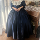 Vintage Long Sleeve Blue Prom Dress Lace Satin A-Line Evening Dress C8757