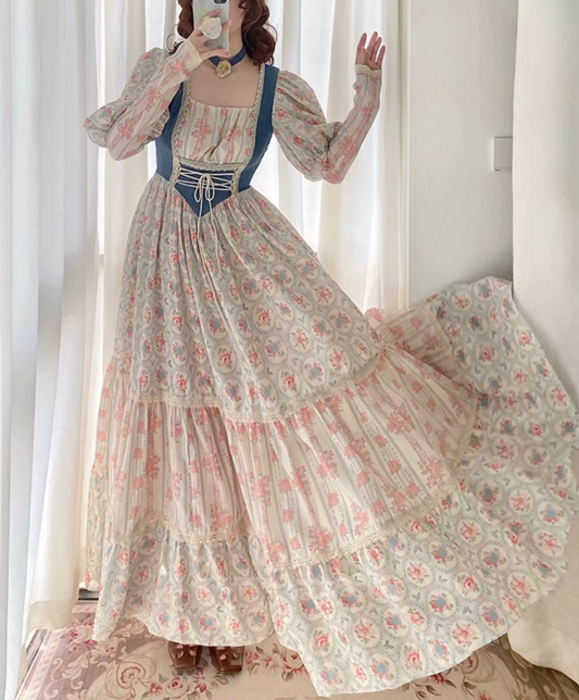 Cottagecore Long Sleeve Square Neck Prom Dress Floral A-Line Evening Dress C8758