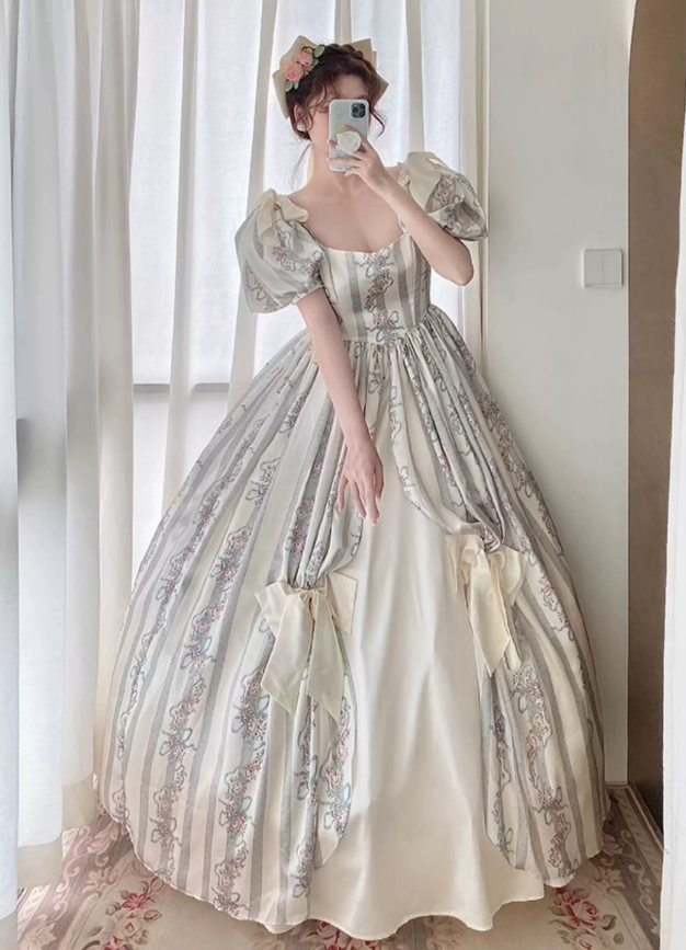 Ornate Short Sleeve Floral Prom Dress Bows A-Line Evening Dress C8759