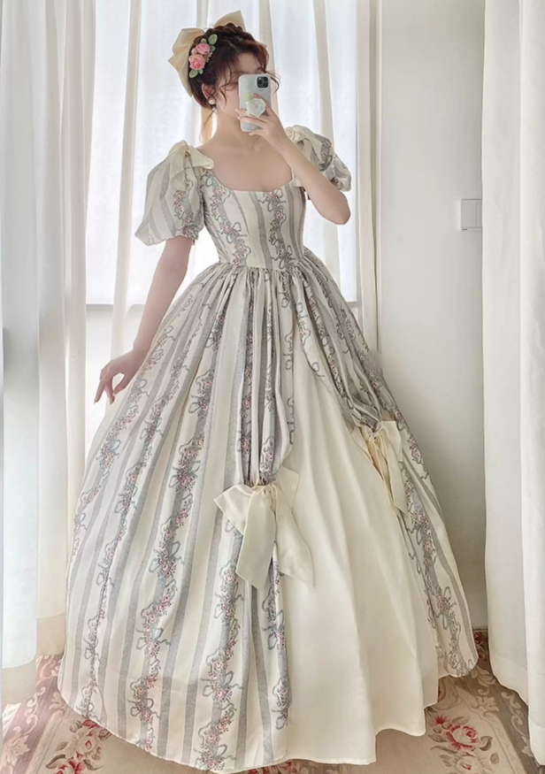 Ornate Short Sleeve Floral Prom Dress Bows A-Line Evening Dress C8759