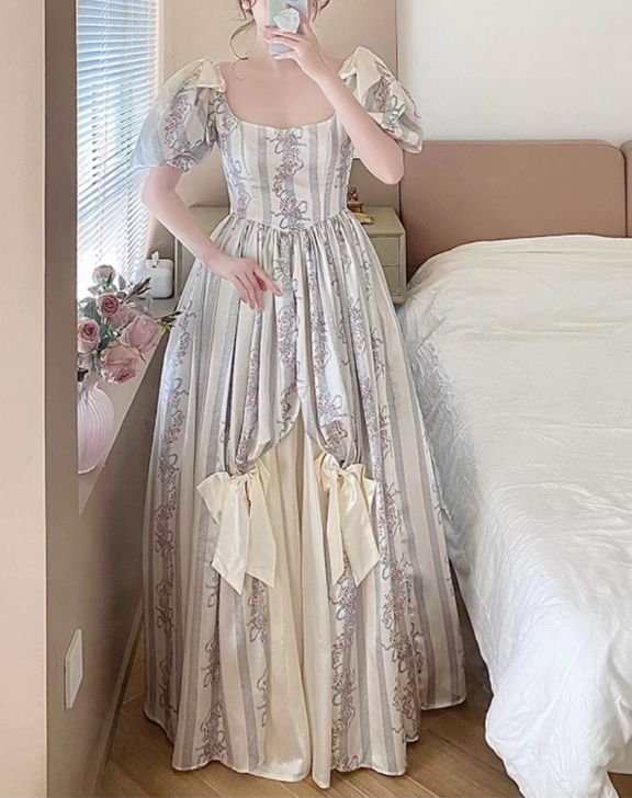 Ornate Short Sleeve Floral Prom Dress Bows A-Line Evening Dress C8759