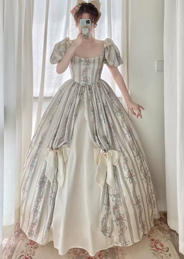Ornate Short Sleeve Floral Prom Dress Bows A-Line Evening Dress C8759