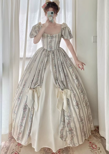 Ornate Short Sleeve Floral Prom Dress Bows A-Line Evening Dress C8759