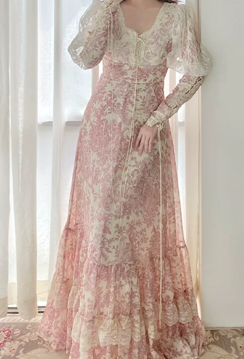 Romantic Long Sleeve Pink Prom Dress Lace Floral A-Line Evening Dress C8765