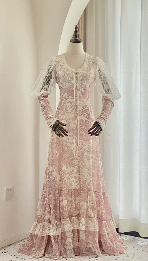 Romantic Long Sleeve Pink Prom Dress Lace Floral A-Line Evening Dress C8765