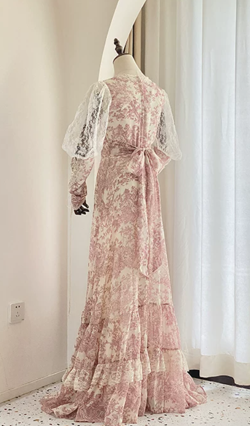 Romantic Long Sleeve Pink Prom Dress Lace Floral A-Line Evening Dress C8765