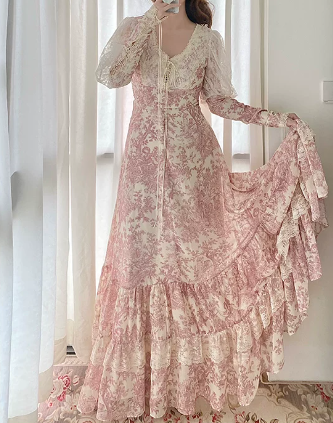 Romantic Long Sleeve Pink Prom Dress Lace Floral A-Line Evening Dress C8765