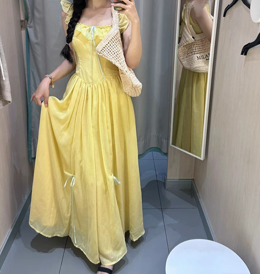 Chic Spaghetti Straps Yellow Prom Dress Bows Ruffled A-Line Evening Dress C8769