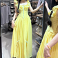Chic Spaghetti Straps Yellow Prom Dress Bows Ruffled A-Line Evening Dress C8769