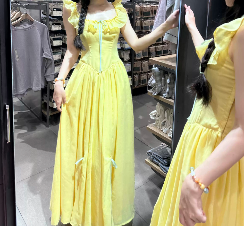 Chic Spaghetti Straps Yellow Prom Dress Bows Ruffled A-Line Evening Dress C8769