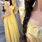 Chic Spaghetti Straps Yellow Prom Dress Bows Ruffled A-Line Evening Dress C8769