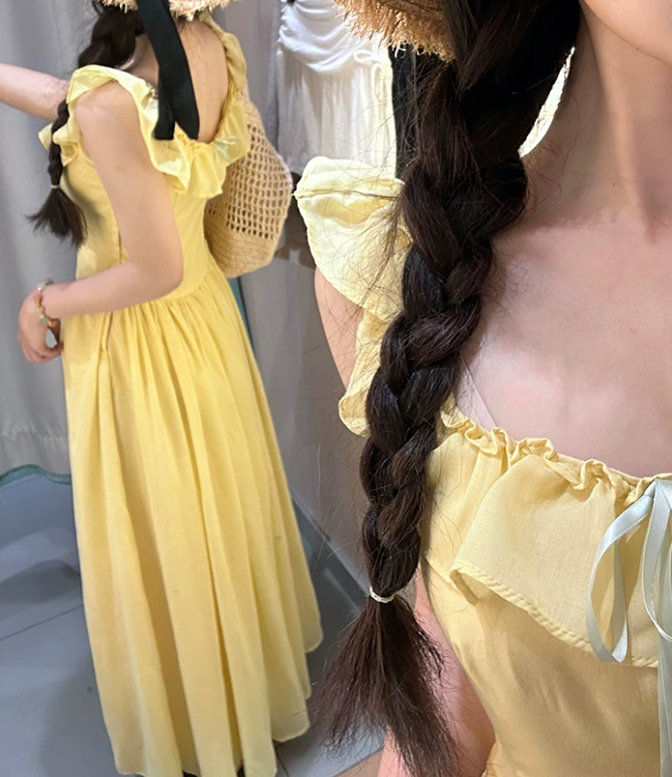 Chic Spaghetti Straps Yellow Prom Dress Bows Ruffled A-Line Evening Dress C8769