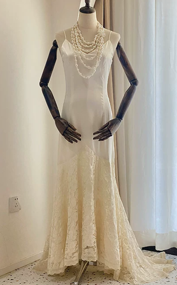 Attractive Spaghetti Straps Ivory Prom Dress Lace Satin A-Line Evening Dress C8774
