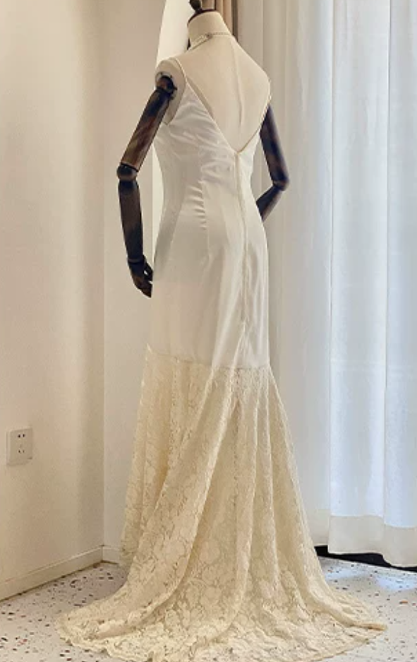 Attractive Spaghetti Straps Ivory Prom Dress Lace Satin A-Line Evening Dress C8774