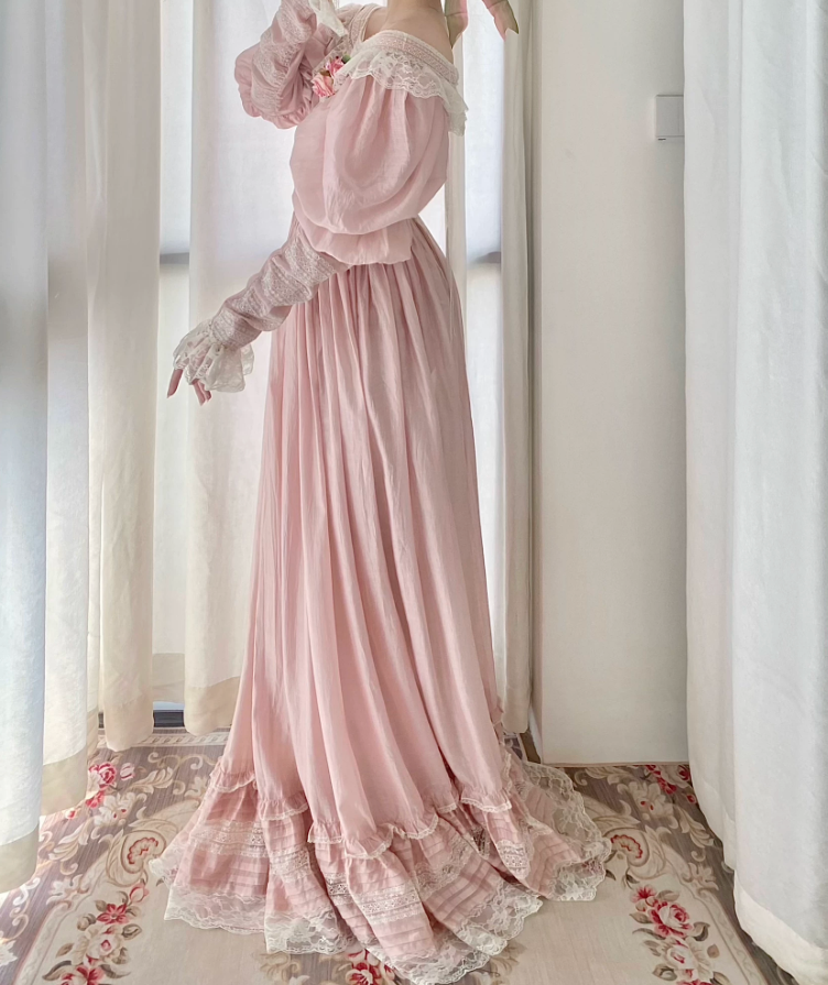 Adorable Long Sleeve Pink Prom Dress Lace A-Line Evening Dress C8776