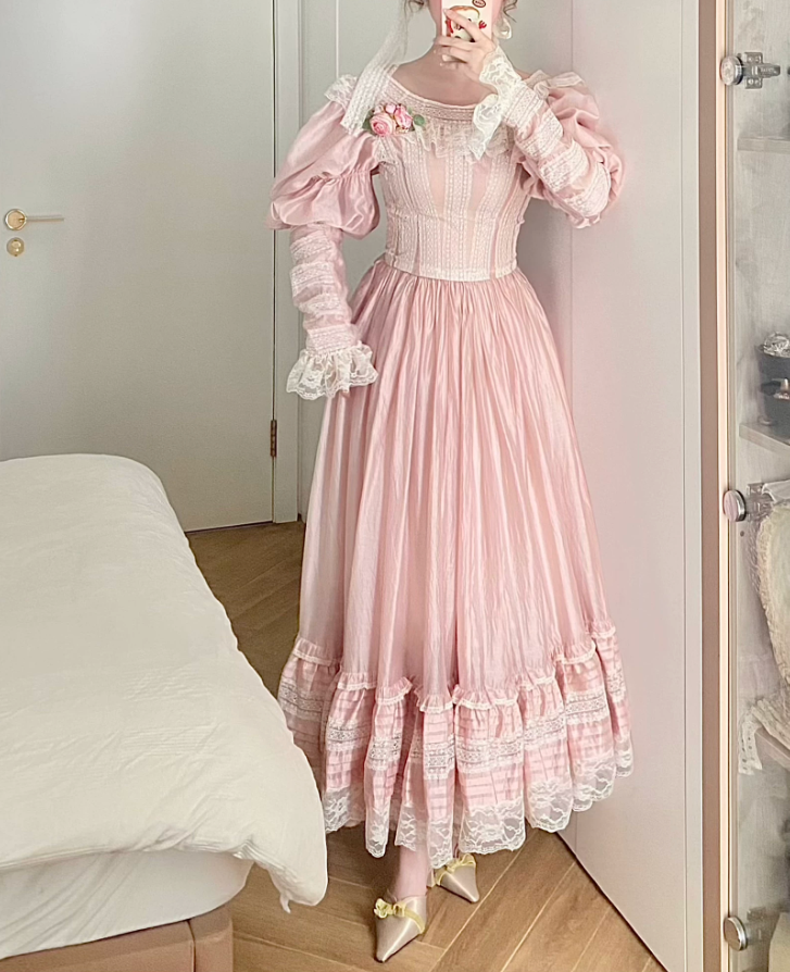 Adorable Long Sleeve Pink Prom Dress Lace A-Line Evening Dress C8776