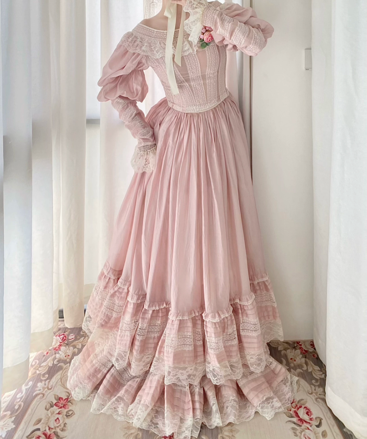 Adorable Long Sleeve Pink Prom Dress Lace A-Line Evening Dress C8776